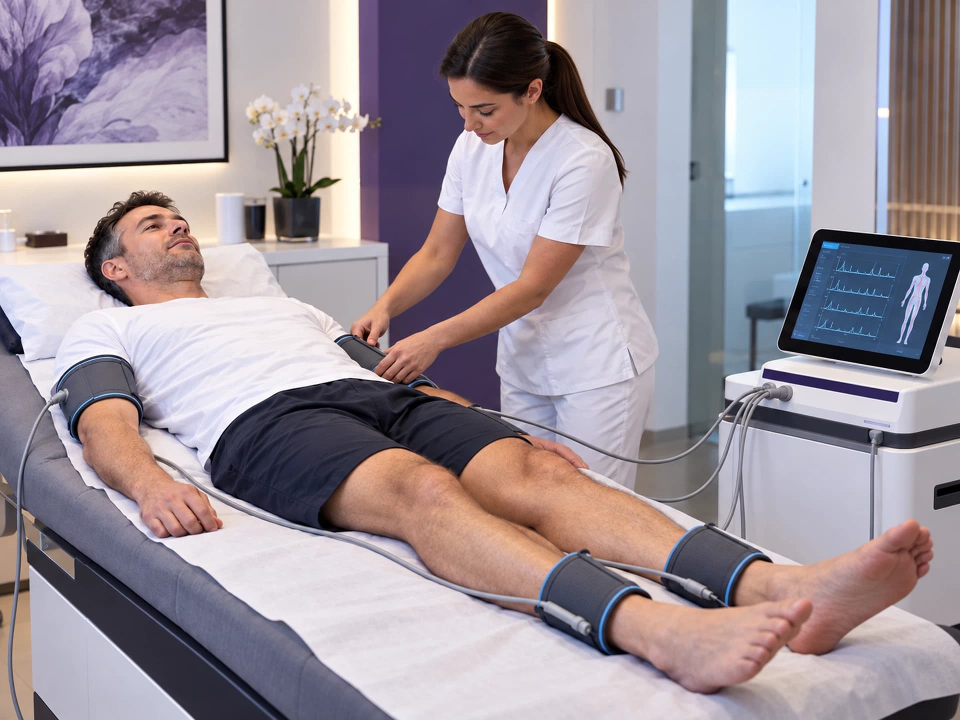 Non-invasive vascular assessment with cuffs on the arm and ankles