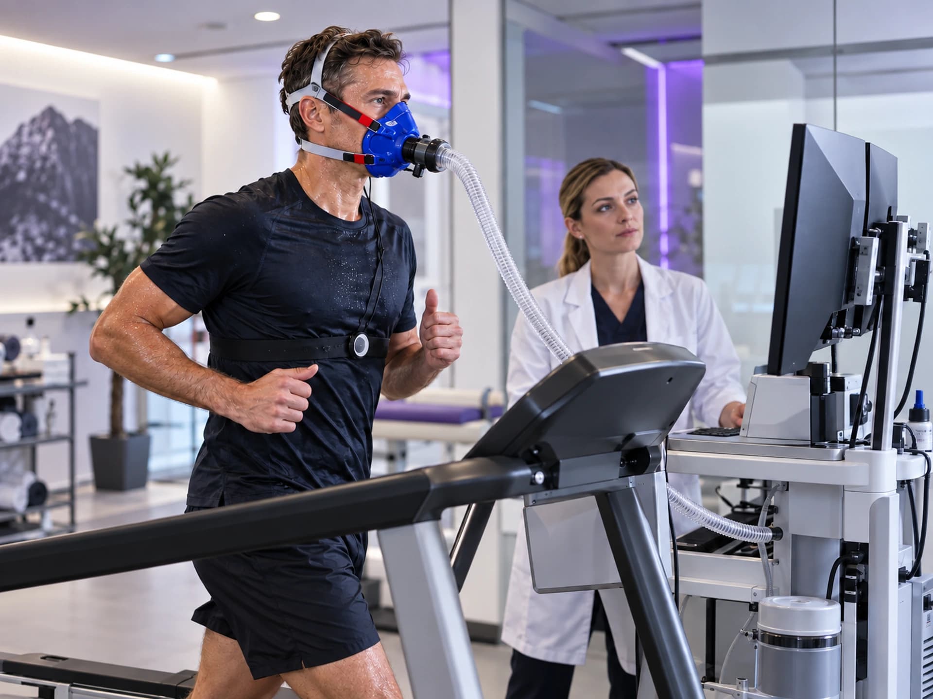 VO2max treadmill assessment with respiratory mask and clinician